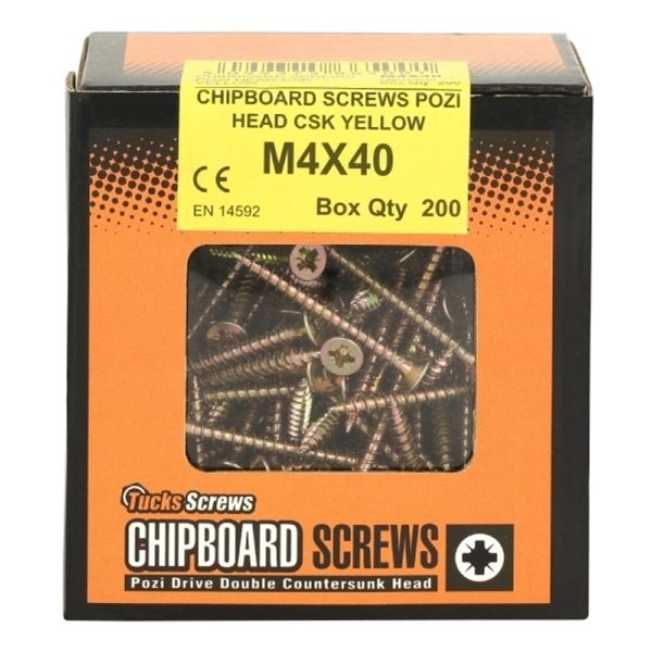 M4 X 40 YELLOW POZI CHIPBOARD SCREW (Box Qty 200)